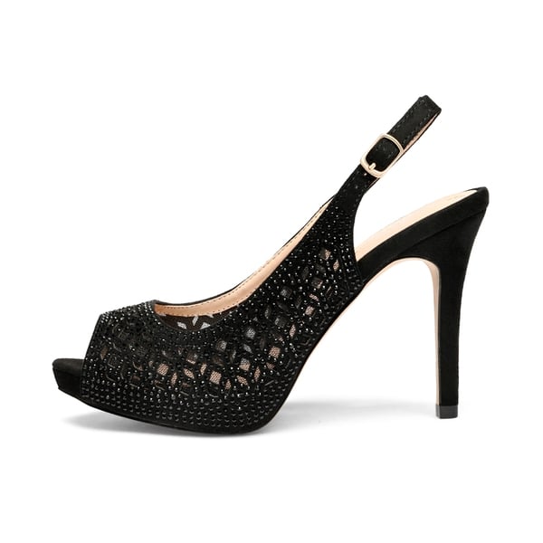Peep Toe Rhinestone Pumps - BLACK SUEDE - 1